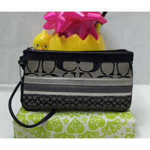 Coach Signature Black Canvas Leather Trim Stripe Zipper Wrislet - Coin Wallet